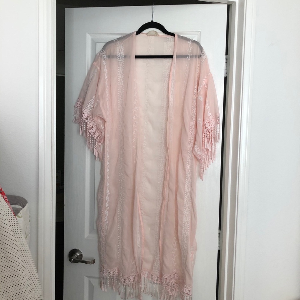 Soft pink lace kimono with fringe